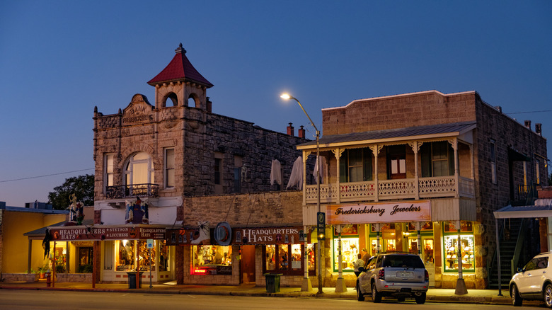 Street view of buildings in downtown Fredericksburg Texas