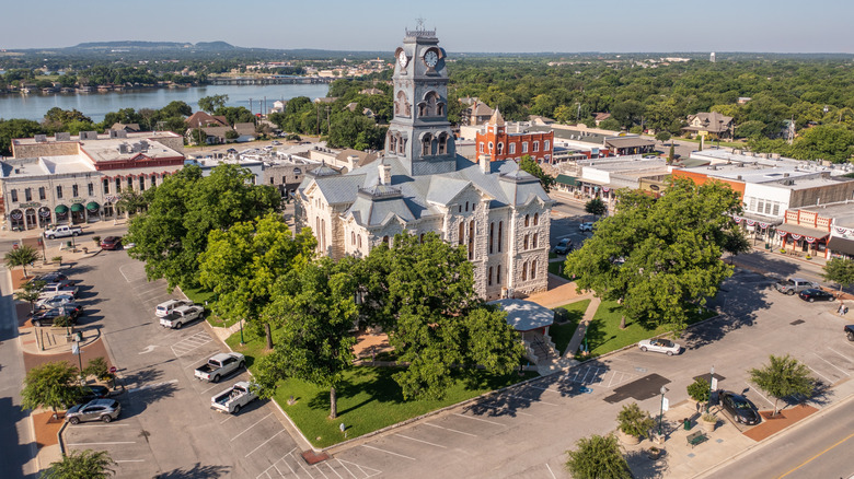 Aerial view over historic square in Granbury, Texas