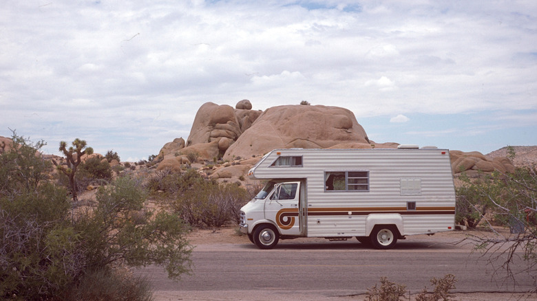 1970s camper in a California desert