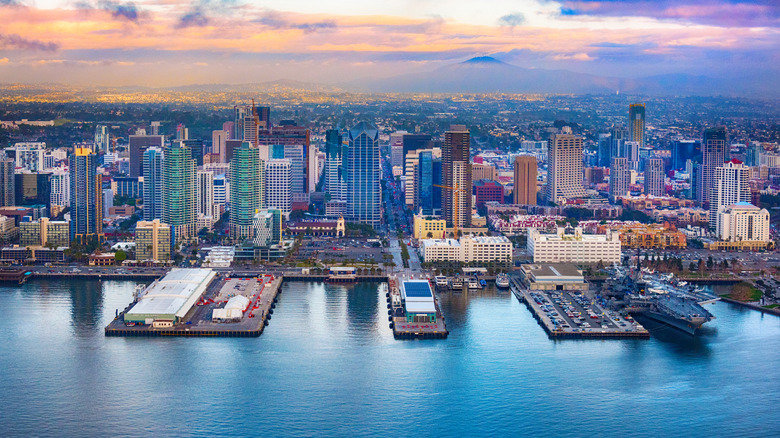 Downtown San Diego Skyline with waterfront near sunset