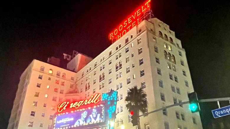 Hollywood Roosevelt Hotel by night in Hollywood, CA