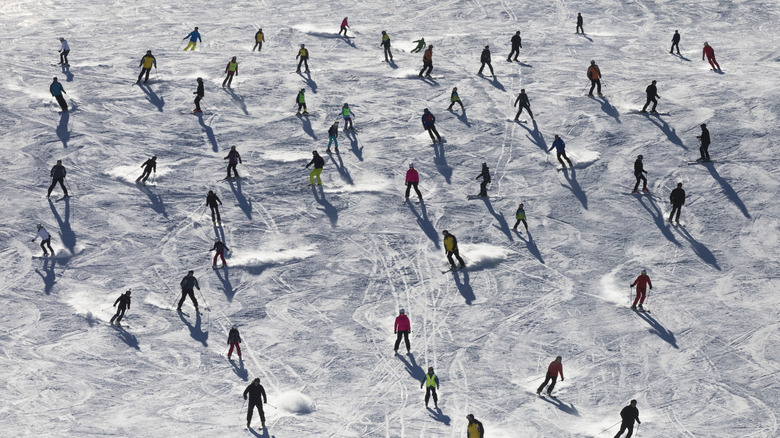 A crowd of downhill skiers on a downhill slope