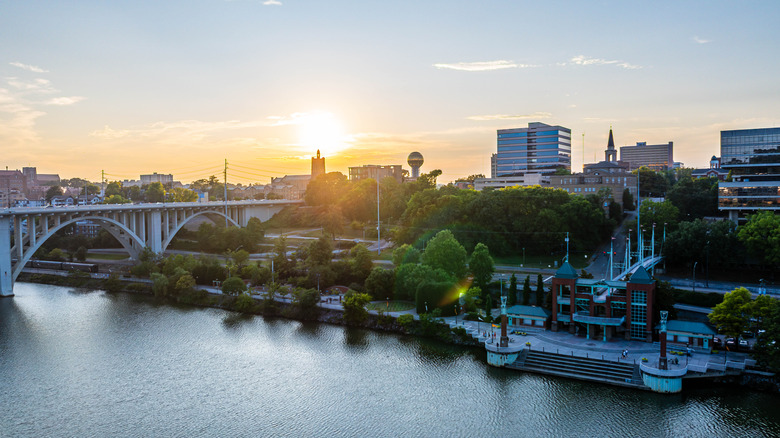 A view of downtown Knoxville from the river during sunset