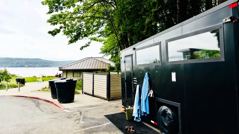Exterior of Svette Sauna with view of pathway to the water