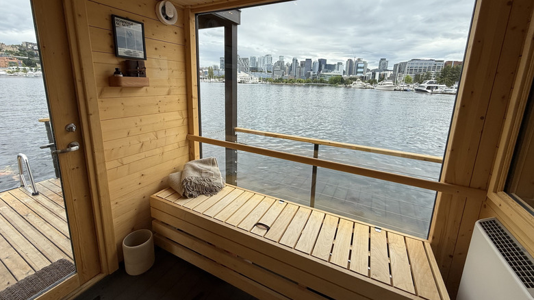 Interior of the Wild Haus sauna as it floats on the water with city views