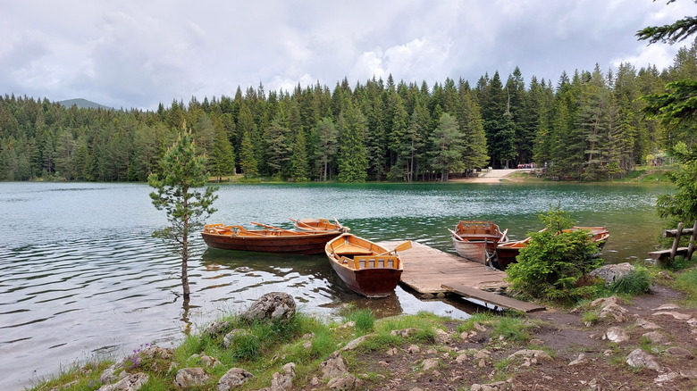 Wooden boats docked on Timothy Lake in Oregon's Mount Hood National Forest