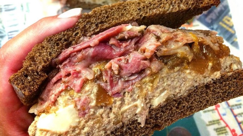 A corned beef and chopped liver sandwich from Mendy's NYC