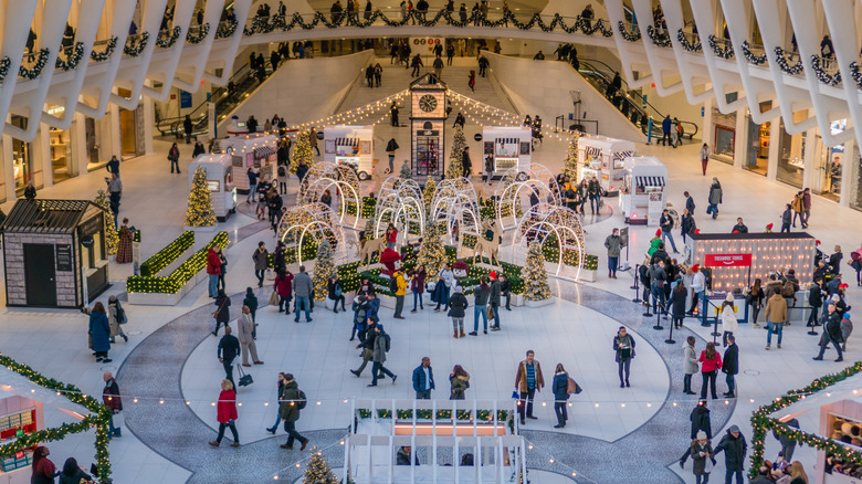 Interior of a shopping mall decorated for the holidays
