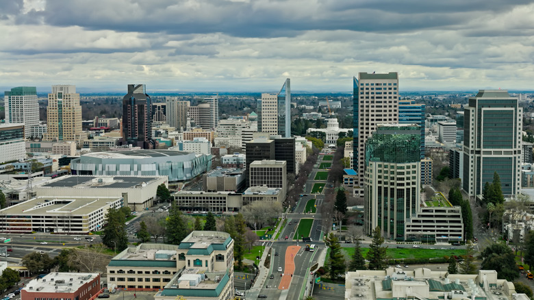 Aerial view of Sacramento on a cloudy day