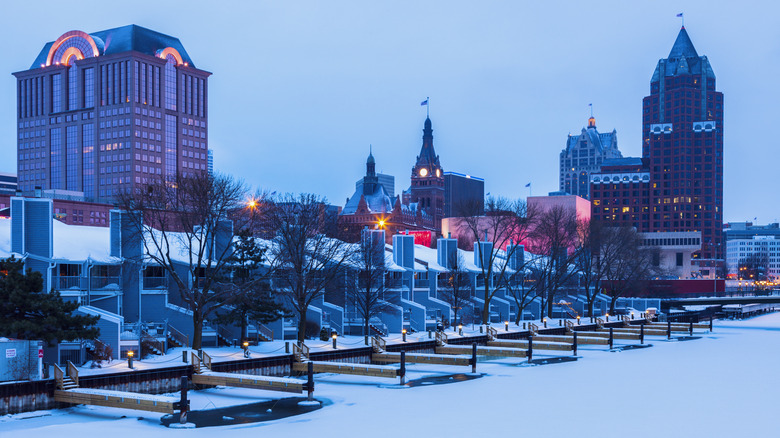 Milwaukee buildings and houses covered in snow during winter.