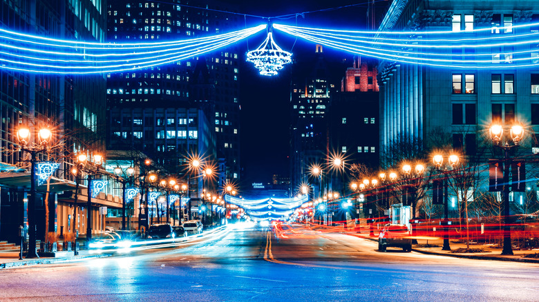 Wisconsin Avenue with Christmas light displays during winter.