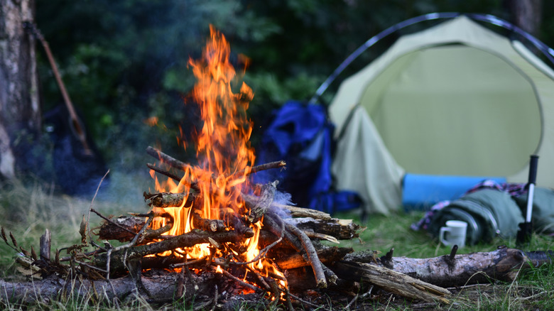 Campfire burning high at campsite