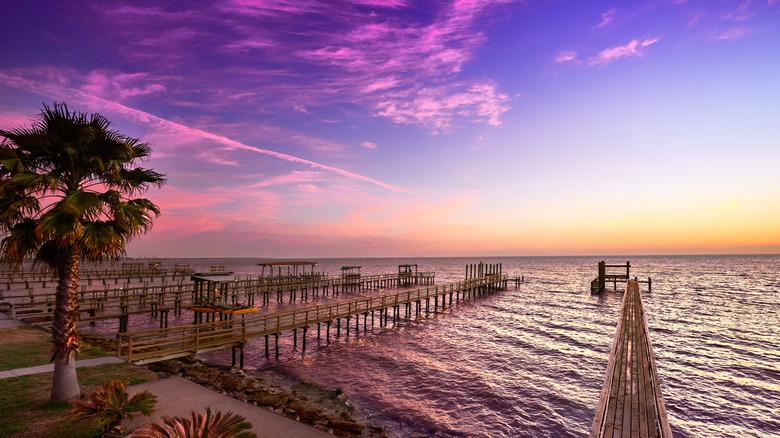 A purple sunset sky with a few docks extending into the water and one palm tree