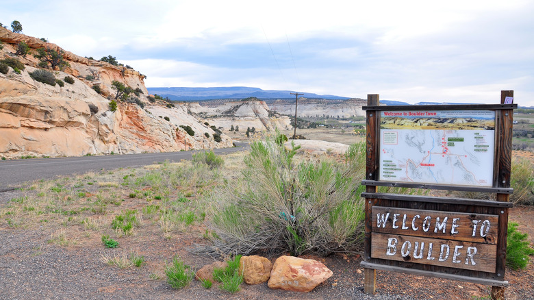 A welcome to Boulder sign on a scenic byway
