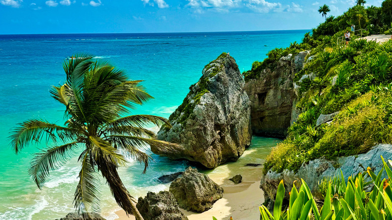 Scenic overlook in Belize with white sand beach, blue water, palm trees, and cliffs.