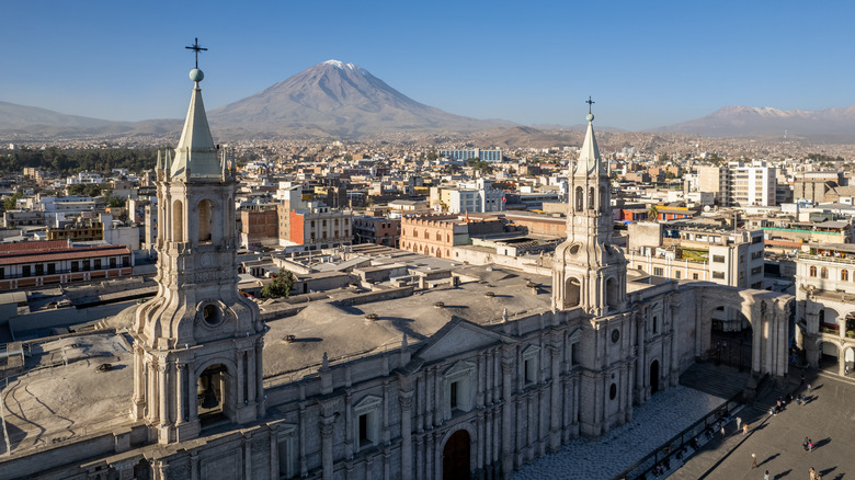 an aerial view of the cathedral and city of Arequipa, Peru