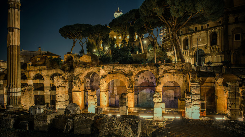Roman Forum ruins at night.