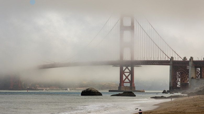 The Golden Gate bridge smothered in fog