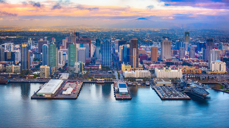High-rise buildings and harbor in the downtown San Diego area.