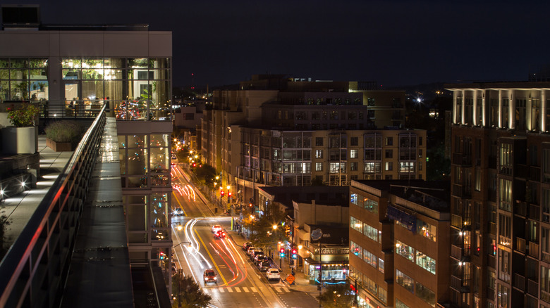 A view of Washington, D.C.'s H street Northeast neighborhood at night, from the Apollo apartment building
