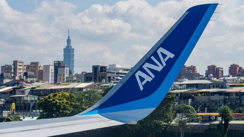 Airplane tail of All Nippon Airways with Taipei skyline in background