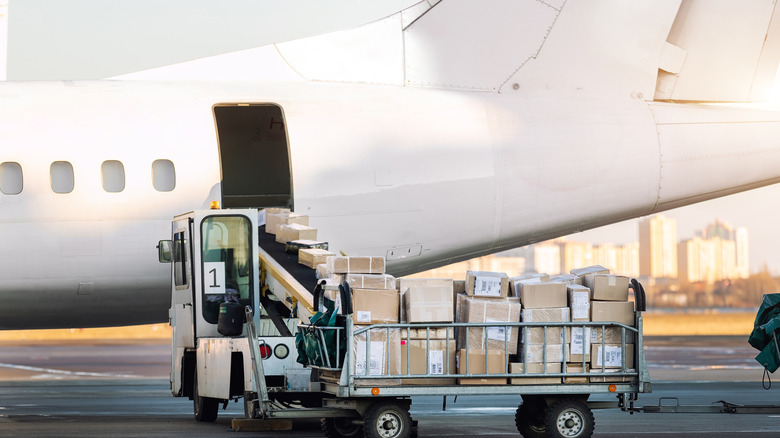 An empty cart full of boxes sits ready to be loaded into a giant plane
