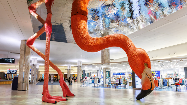 Flamingo statue inside terminal building of Tampa Airport in the United States, as seen on October 16, 2024
