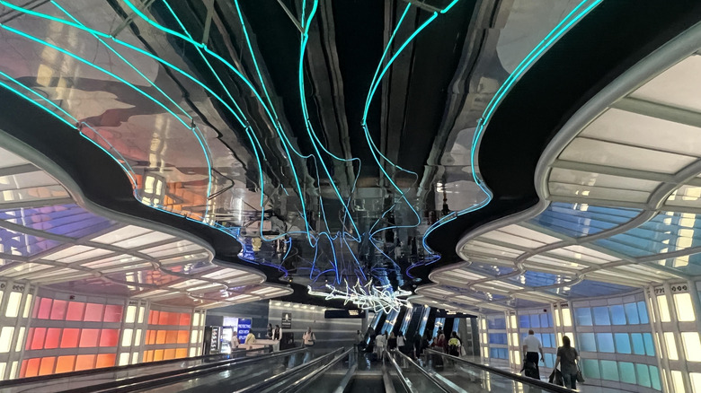 Neon tunnel at O'Hare ORD Airport in Chicago, Illinois, as seen on July 10, 2023