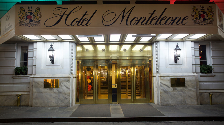 Front entrance to the Hotel Monteleone in New Orleans at night.