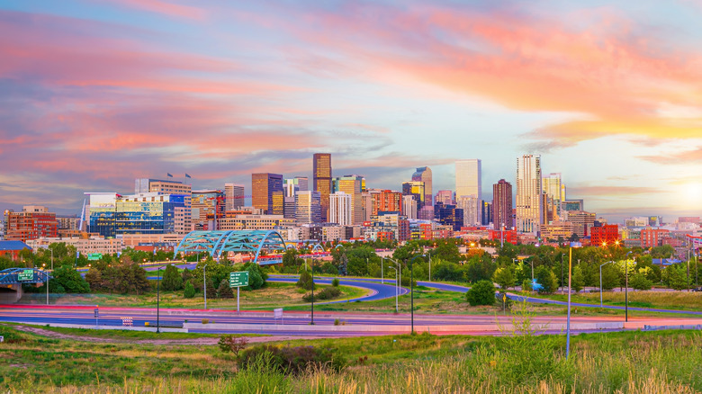 The skyline of downtown Denver at sunrise