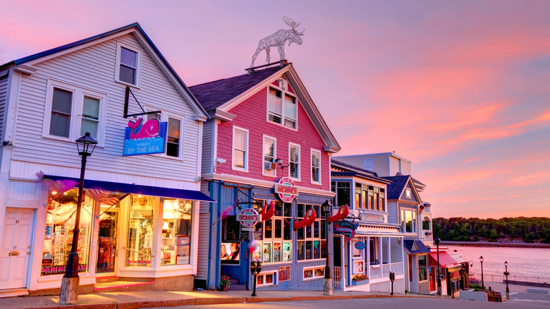 Waterfront shops at sunset in Bar Harbor