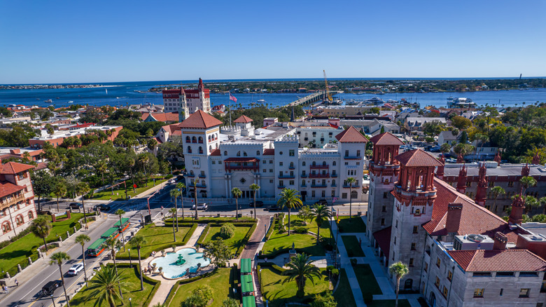 Aerial view of buildings and ocean in St. Augustine