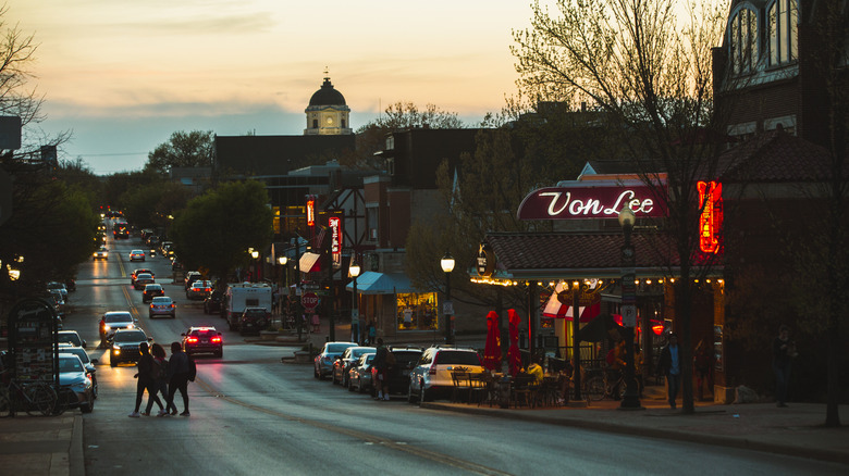 Pedestrians cross Kirkwood Avenue near Indiana University in Bloomington, Indiana