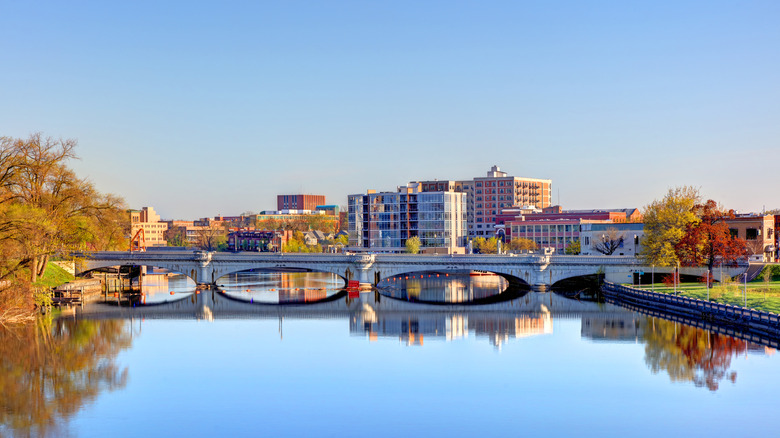 The Saint Joseph River flowing through downtown South Bend in St. Joseph County, Indiana, United States