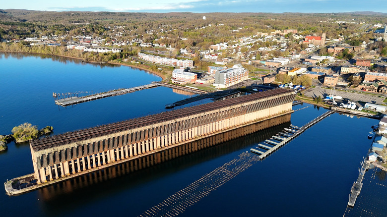 Aerial view of the old ore dock in front of the harbor in Marquette, Michigan