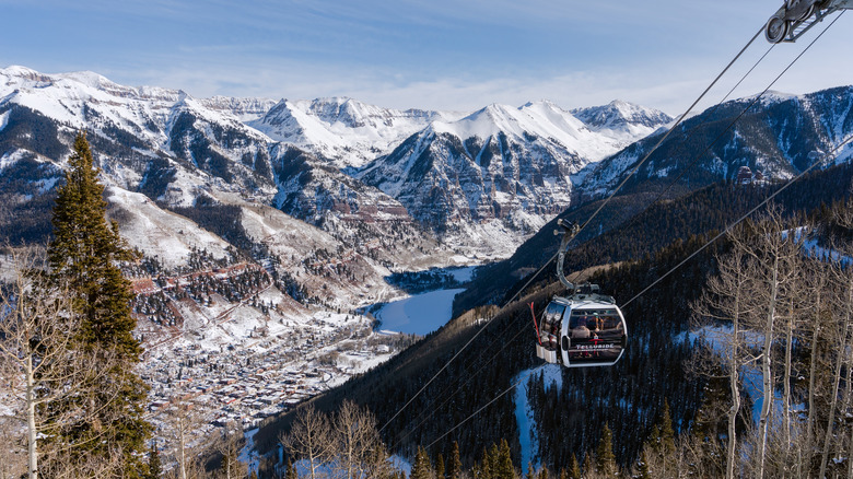 A gondola ascends a cable above the woods in Telluride, Colorado