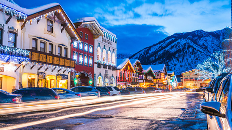Illuminated buildings on Main Street in Leavenworth, Washington, at dusk