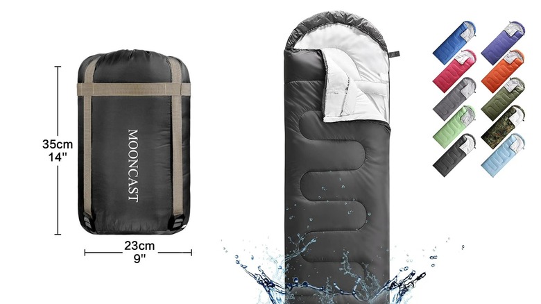 A winter sleeping bag with a dark gray exterior and white lining