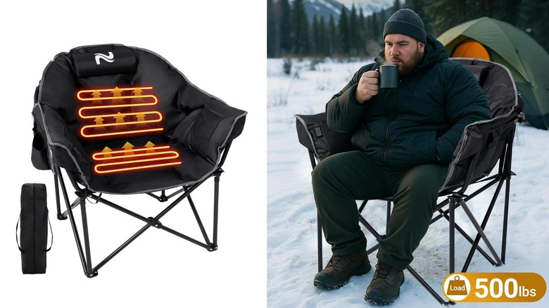 A man sits in a heated camping chair at a snowy campground