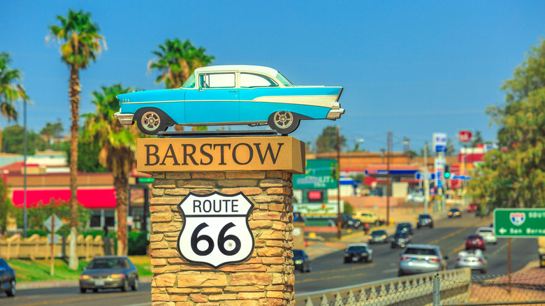 An iconic Route 66 road marker in Barstow, California