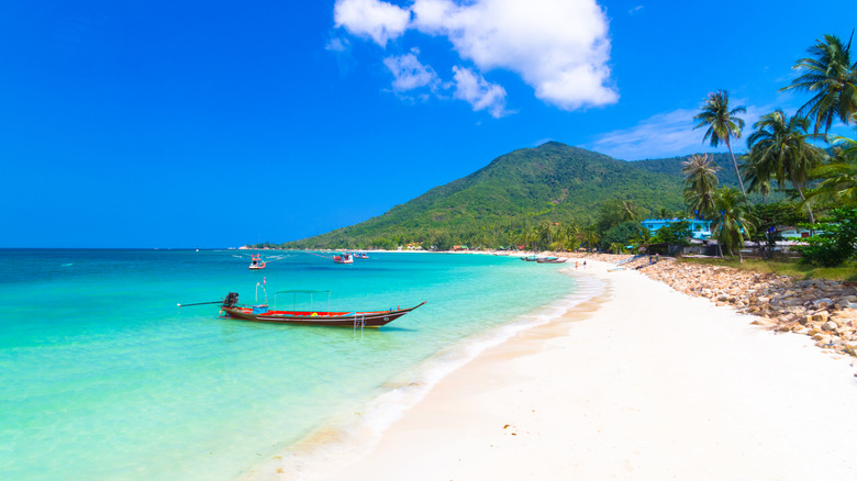 A boat lines the shoreline of a Thai island