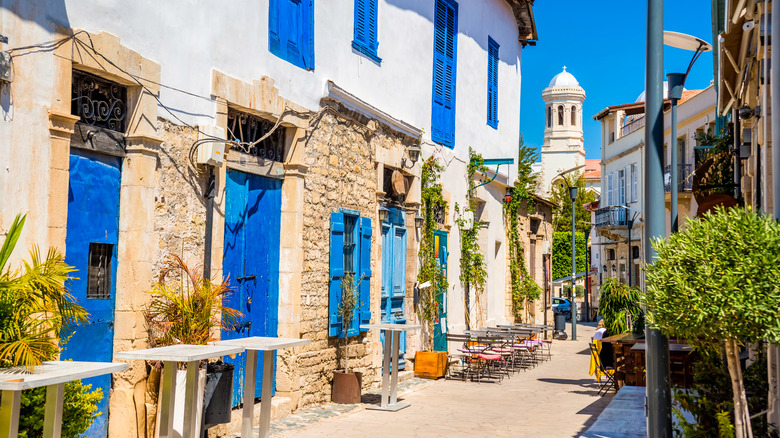 blue and white buildings in Limassol, Cyprus