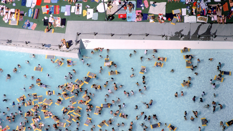 Aerial view of a crowded public pool