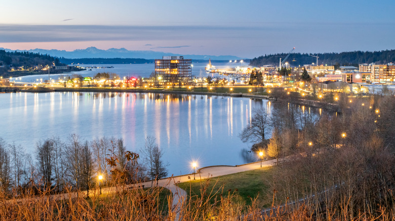 Olympia's downtown at dusk, featuring the Puget Sound and Olympic Mountains in the distance