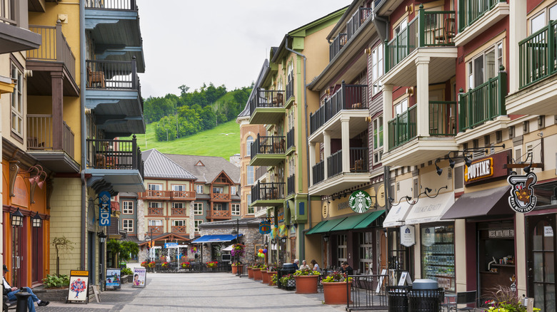 shops and restaurants located in chalet-style buildings on cobblestone street in Blue Mountain Village