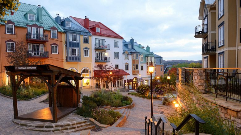 Colorful buildings and cobblestone streets of Mont Tremblant in Canada