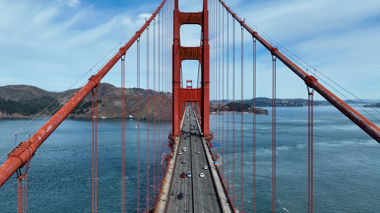 Aerial view of Golden Gate Bridge and hills