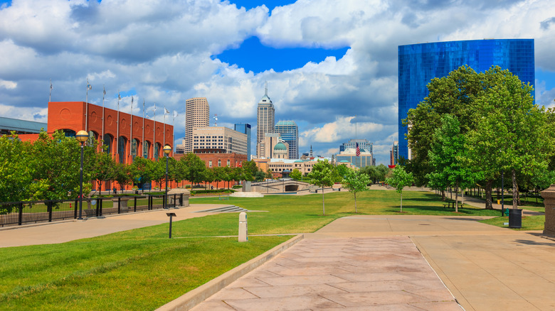An overview of green space and the skyline at White River State Park