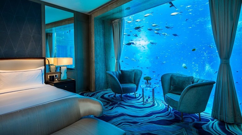 The interior of an underwater hotel room at the Atlantis inside The Palm, Dubai