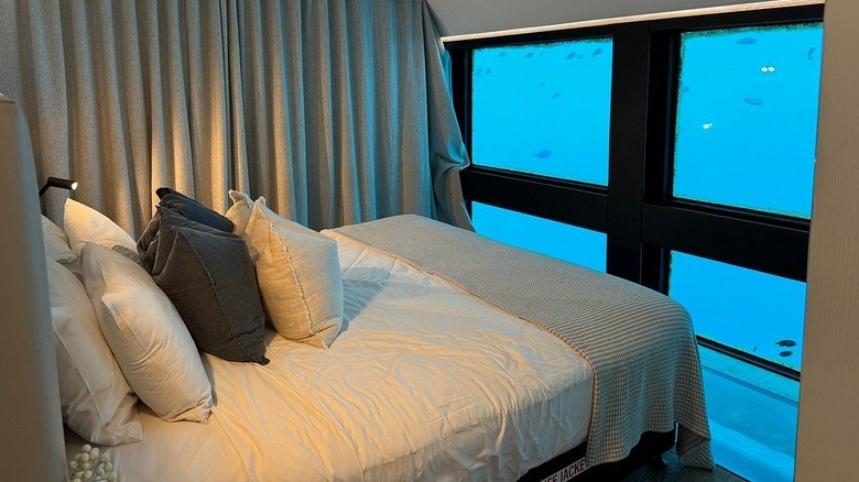 A bed with pillows in the underwater hotel room at Reefsuites, Australia